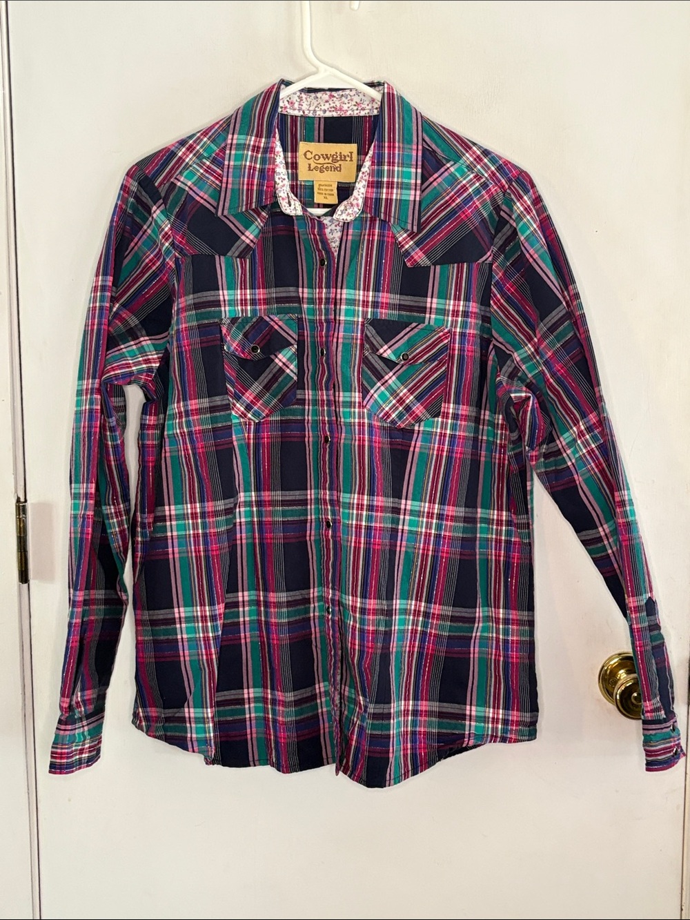 Cowgirl Legend purple green plaid long sleeve button down western shirt Size XL
